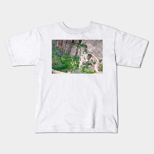 Downhill Switchbacks from Angels Landing Kids T-Shirt by bobmeyers